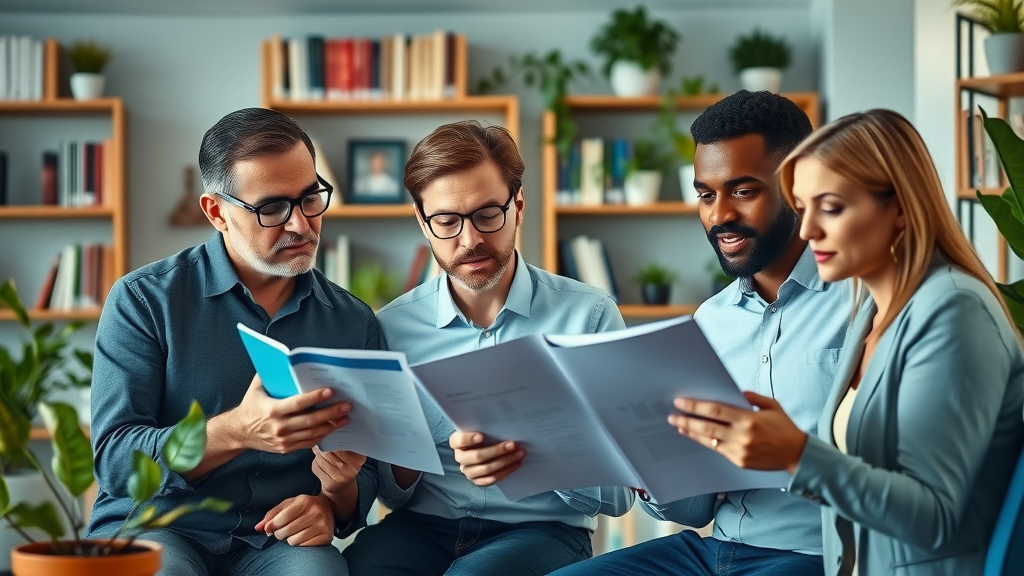 Board recruitment: Nonprofit leaders thoughtfully reviewing board candidate profiles to select qualified new board members