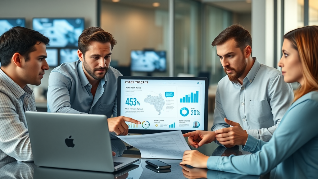 Cybersecurity for nonprofit organizations: Concerned nonprofit team collaborating around laptops displaying cyber threat statistics.