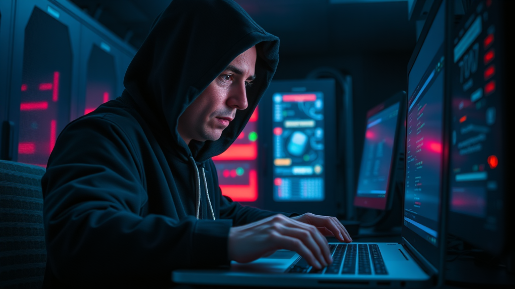 Nonprofit cyber threat: Shadowy hacker attempting a cyberattack in a dark server room with glowing monitors.