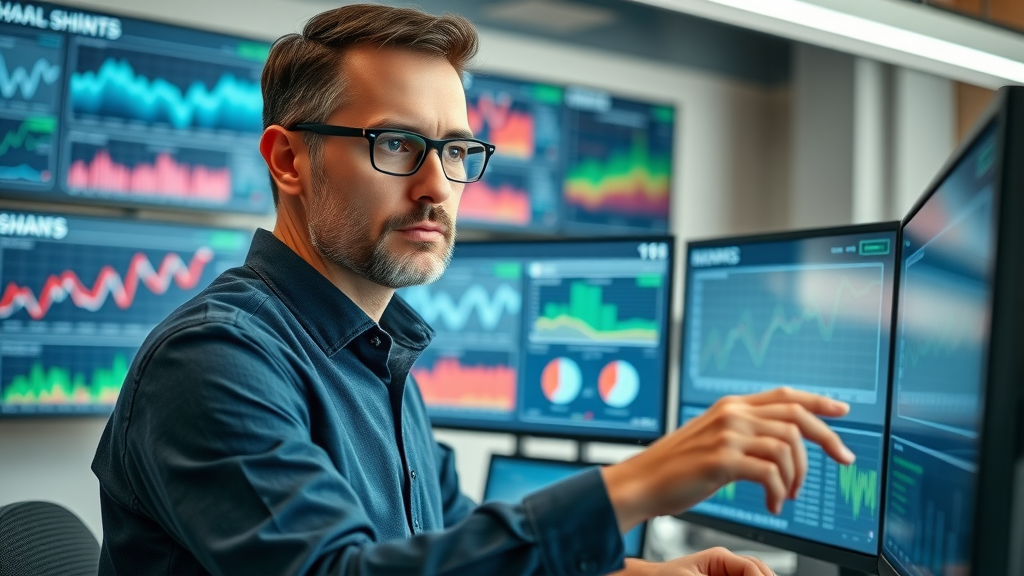 Cybersecurity assessment: Professional analyst reviewing cybersecurity results on digital dashboard for a nonprofit organization.