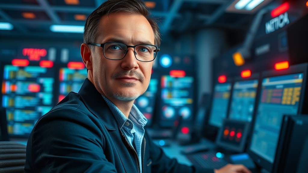 Data breach response: Nonprofit IT professional managing data breach in a futuristic emergency operations room.
