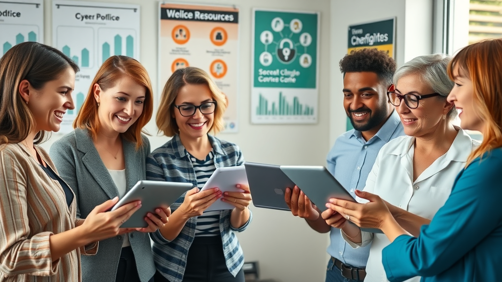 Nonprofit cybersecurity resources: Collaborative nonprofit leaders sharing cybersecurity resources on tablets and laptops.