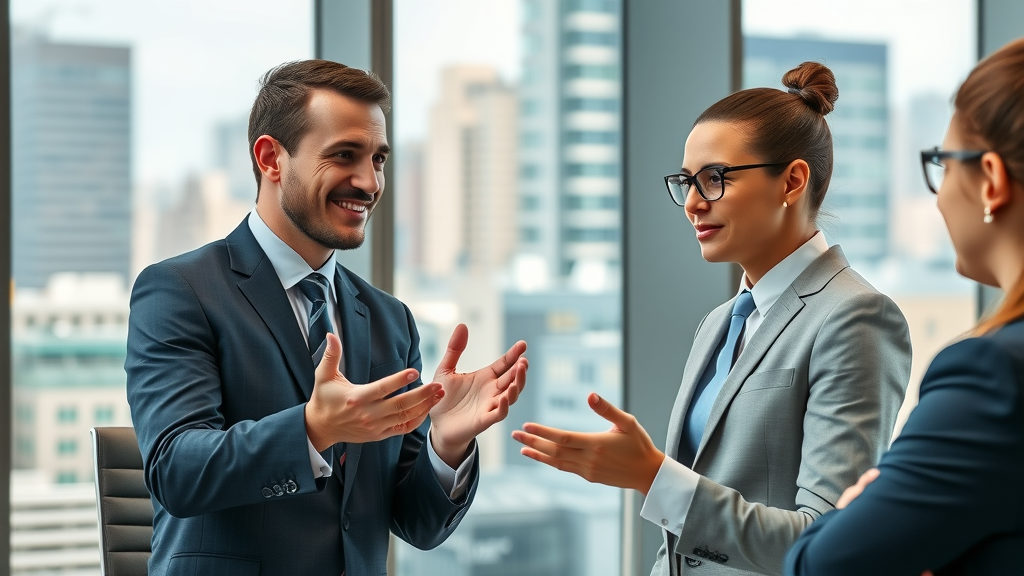 Confident business professionals engaged in dynamic partnership management meeting in a modern office boardroom with city views