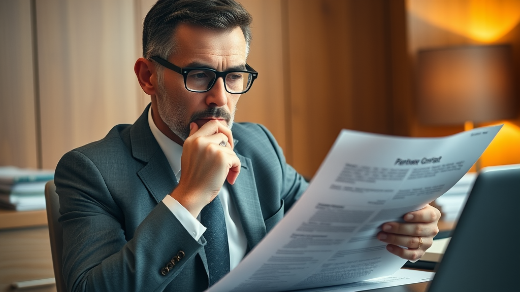 Focused manager analyzing partnership contract documents for partnership management assessment in a private office