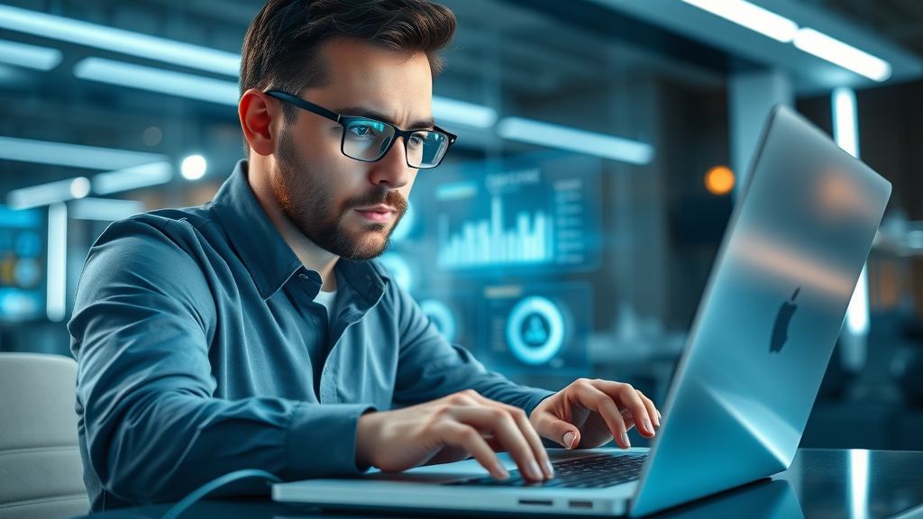 Tech-savvy professional using PRM software dashboard for strategic partner management in a futuristic workspace