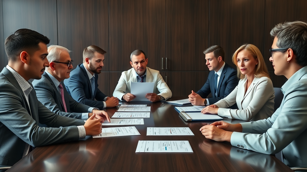 Diverse executive panel conducting interviews and scoring potential partners for strategic partnership management