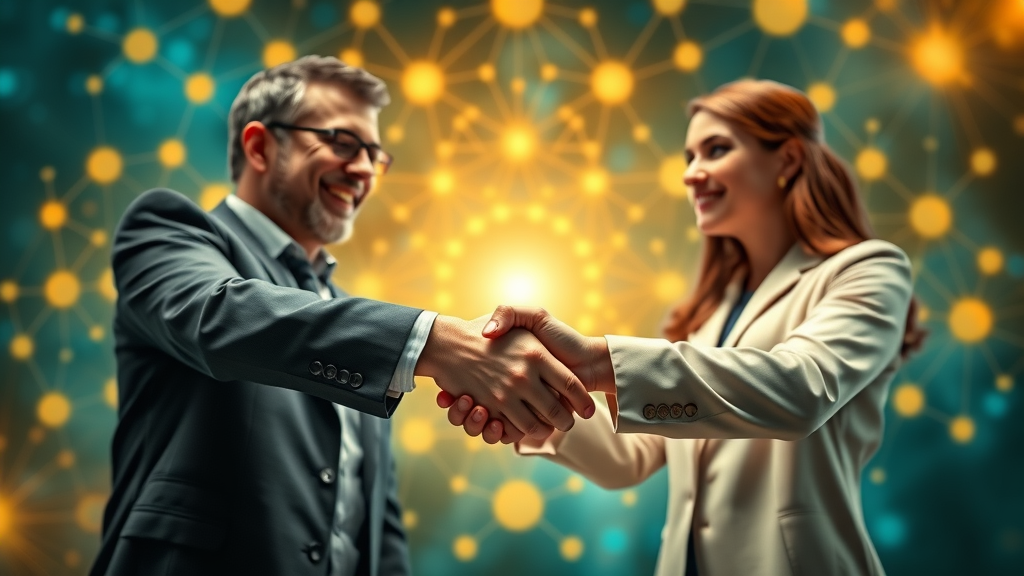 Professional facilitators shaking hands to conclude a strategic partnership management agreement with organizations interconnected