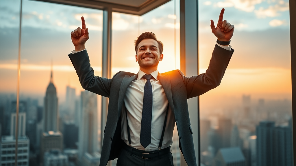 Motivated business leader celebrates success in partnership management at sunrise with city skyline