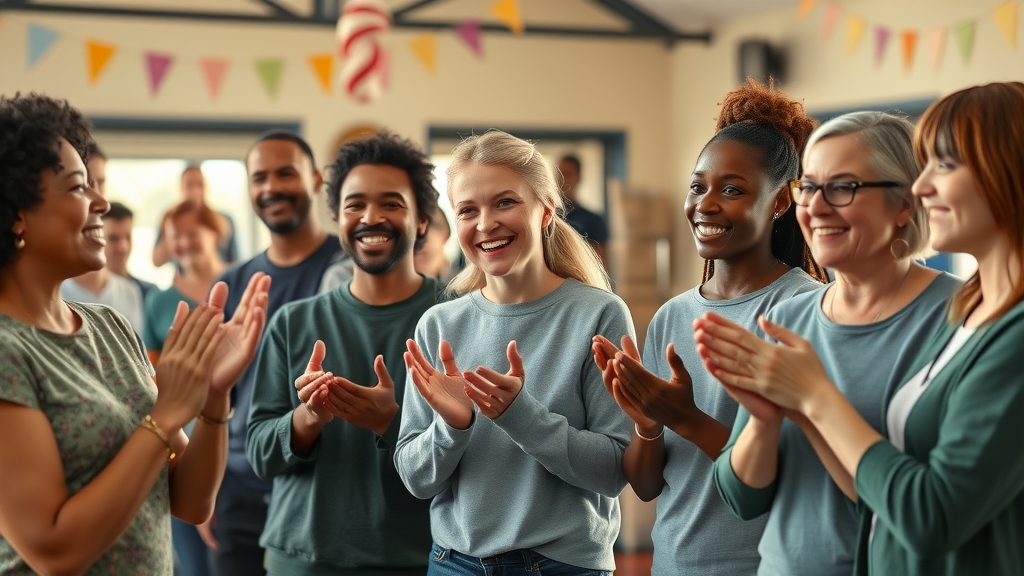 Diverse volunteers smiling and being acknowledged for their hard work at a community center - volunteer recognition and rewards