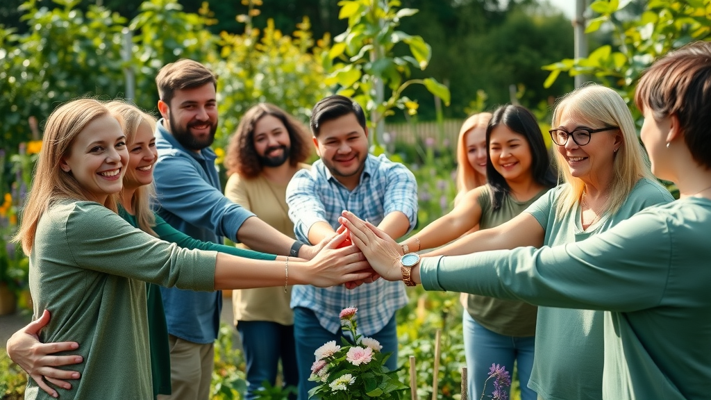 Inclusive group of volunteers holding hands in a joyful circle in a community garden – diverse volunteer recognition program
