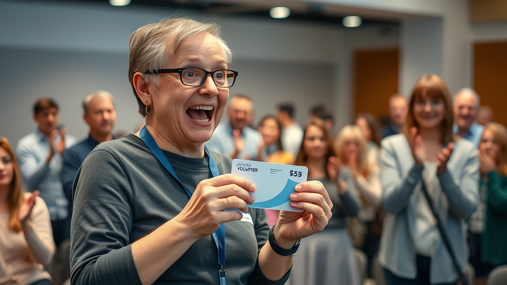 Dedicated volunteer looking surprised and happy while receiving a gift card at a community event - volunteer reward