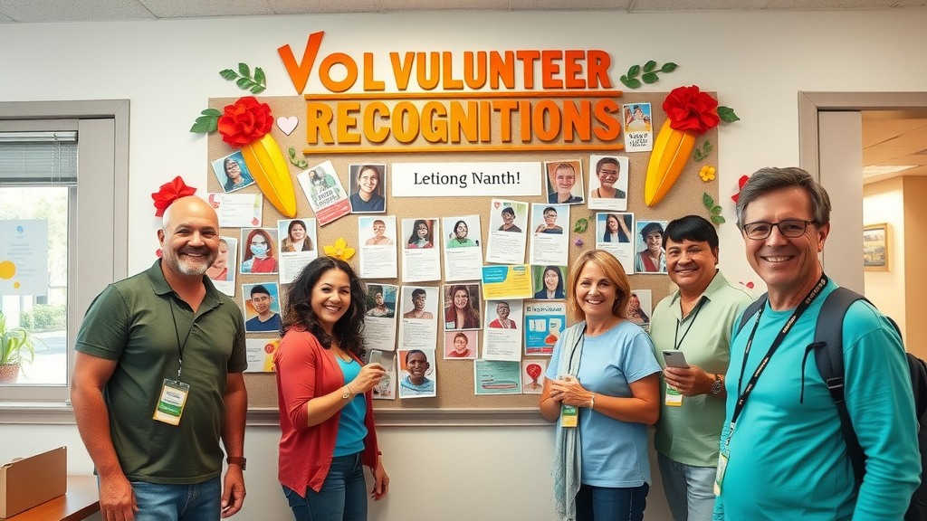 Volunteers adding photos and notes to a colorful recognition wall inside a community center - volunteer appreciation ideas