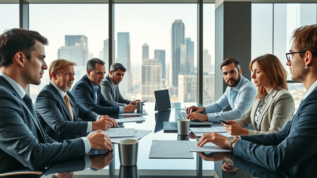 Board accountability and oversight in a modern corporate boardroom, serious board of directors discussing vital documents with city skyline view