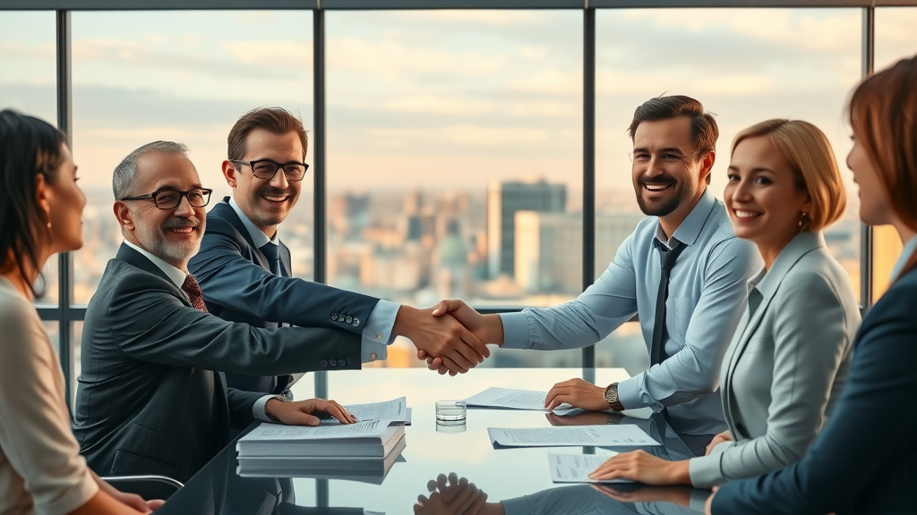 Experienced board members concluding successful board evaluation with handshake in a board meeting room