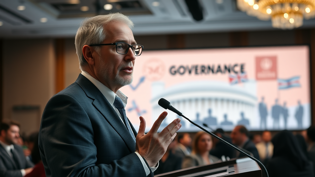 Wise governance expert addressing an audience at a business conference on board accountability and oversight