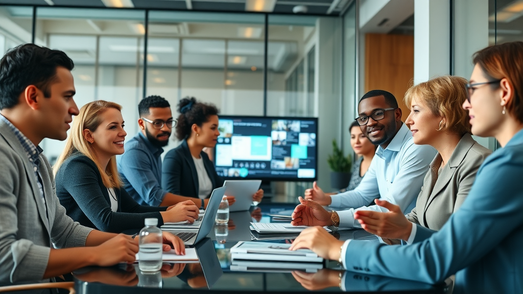 technology adoption challenges in nonprofits - Diverse nonprofit leaders at a tech strategy meeting in a modern office, engaged in digital transformation planning