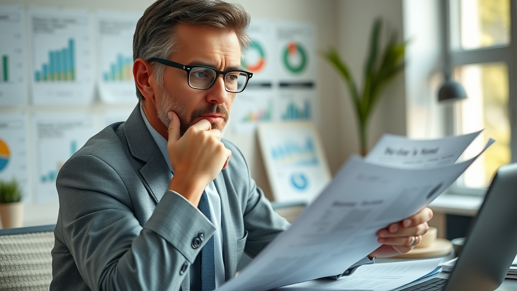 technology adoption challenges in nonprofits - Nonprofit manager reviewing financial documents and tech investments at a modern desk