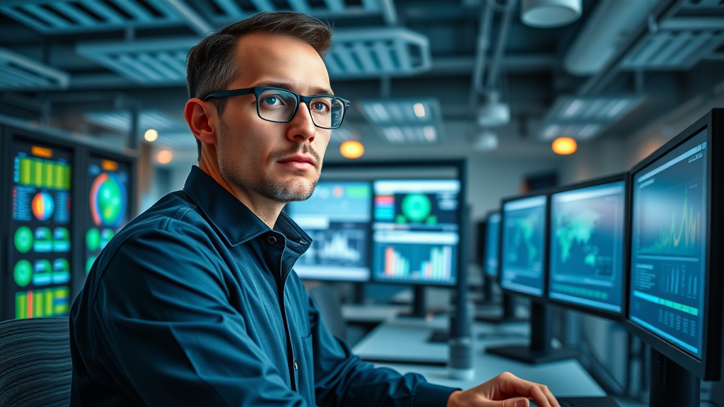 technology adoption challenges in nonprofits - Nonprofit IT professional monitoring cybersecurity and tech trends in a modern workspace