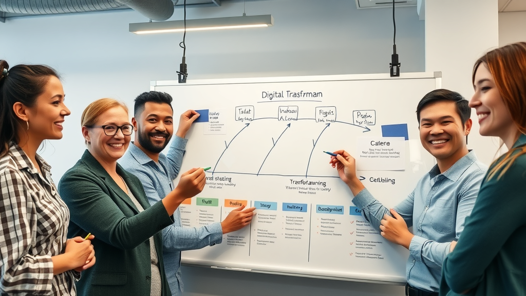 technology adoption challenges in nonprofits - Collaborative nonprofit team planning digital transformation roadmap on a whiteboard
