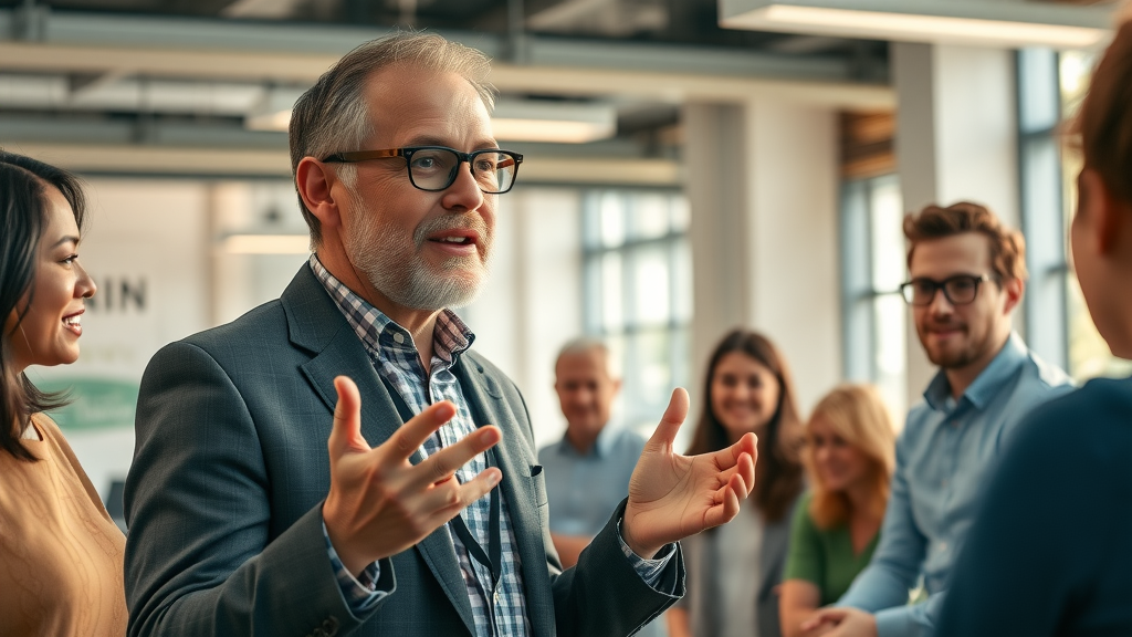 technology adoption challenges in nonprofits - Nonprofit leader inspiring a team about digital transformation goals in an office