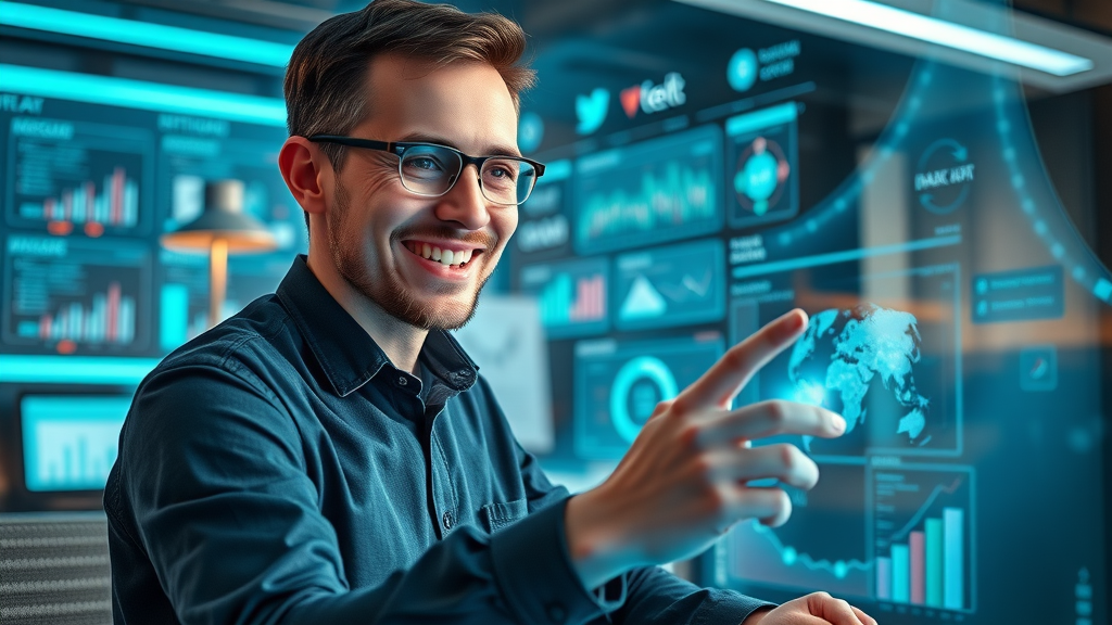 technology adoption challenges in nonprofits - Nonprofit analyst using AI and social media dashboards in a modern workspace