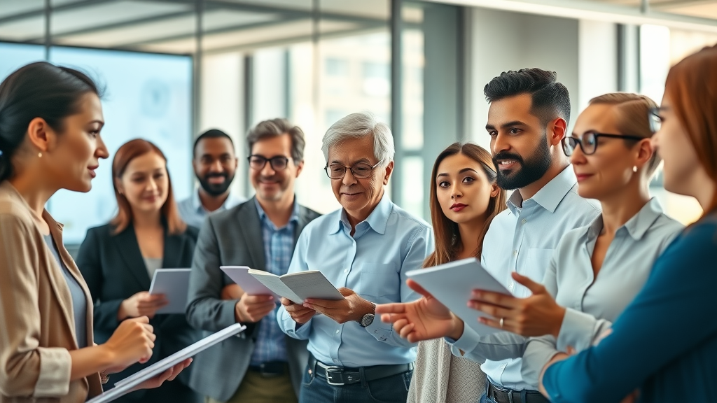 inspiring corporate training session, group of diverse adults, learning, collaborating in staff development programs, modern office with digital screens