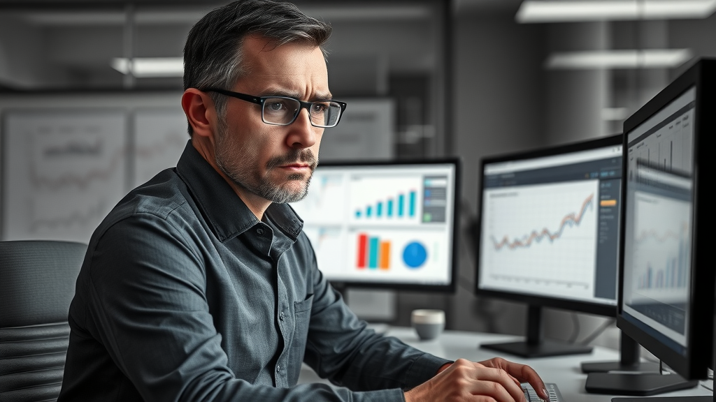 manager analyzing workforce skill gaps and development plans on screens in a staff development program evaluation
