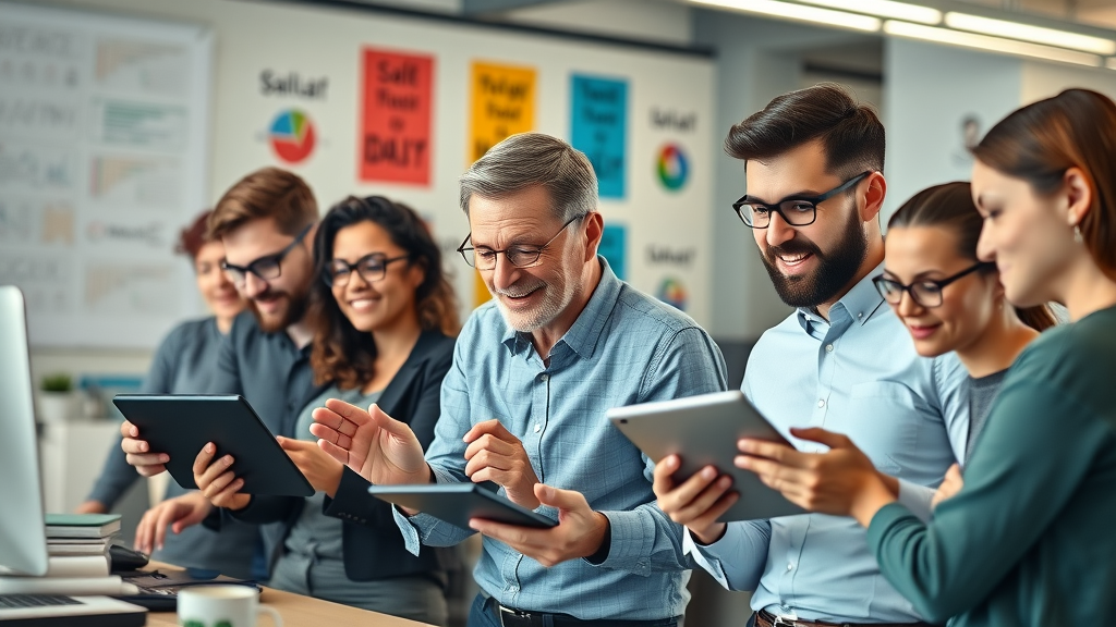dynamic office team implementing rapid employee training and development using tablets and digital devices