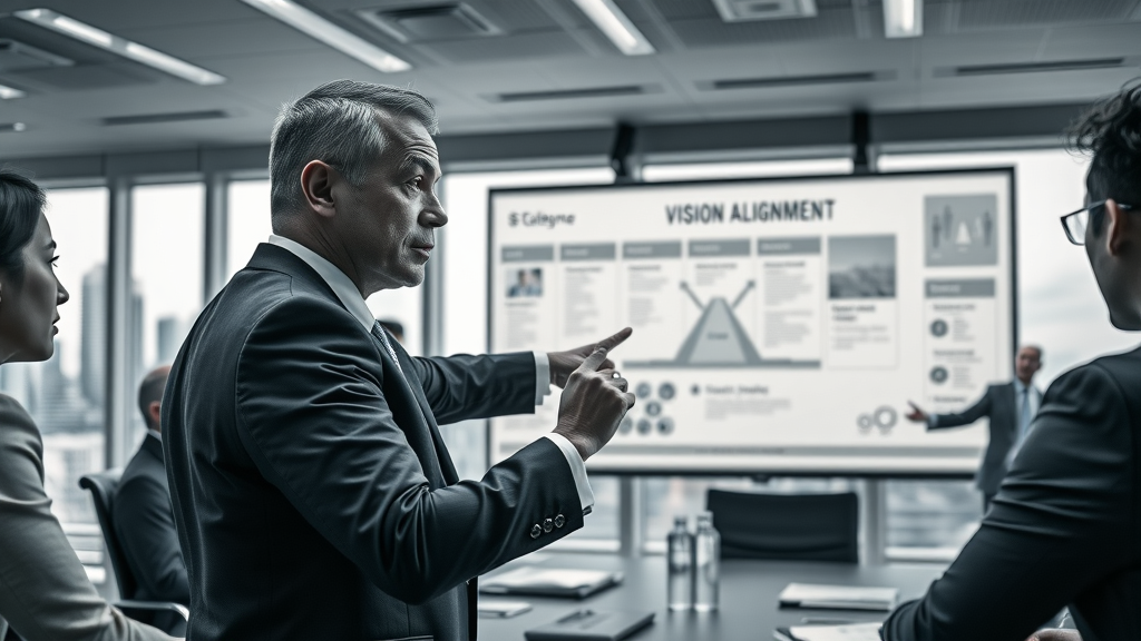 serious executive leading a staff development team meeting, aligning development plans with company vision and goals