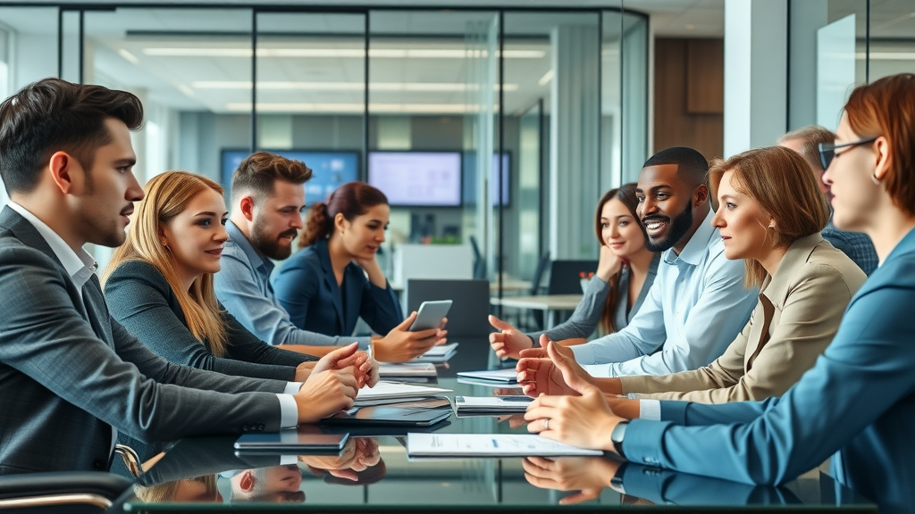dynamic modern office with diverse professionals collaborating around conference table, talent retention