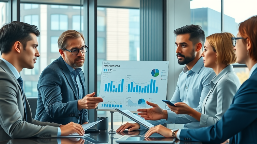 organizational culture impact - insightful business meeting with diverse group of executives reviewing performance charts in a modern corporate boardroom, city skyline view, natural daylight