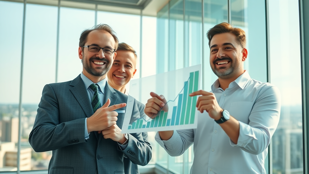 organizational culture impact - confident executives reviewing upward financial charts in bright high-rise office