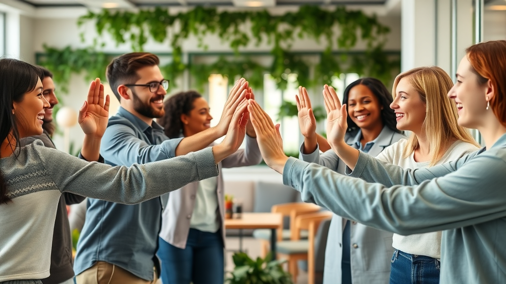 organizational culture impact - welcoming company event with diverse employees in team-building activity expressing joy and inclusion