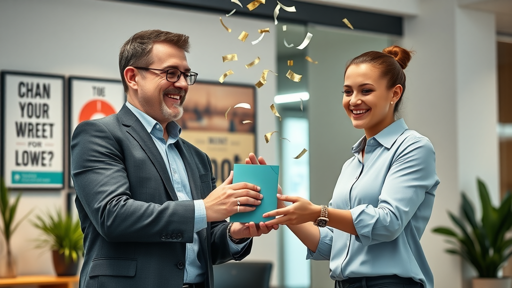 organizational culture impact - business leader presenting award to employee for contributions in motivational workplace environment