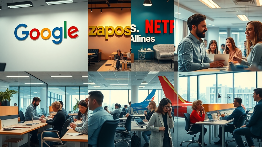 organizational culture impact - collage of Google, Zappos, Netflix, and Southwest Airlines innovative and positive work environments